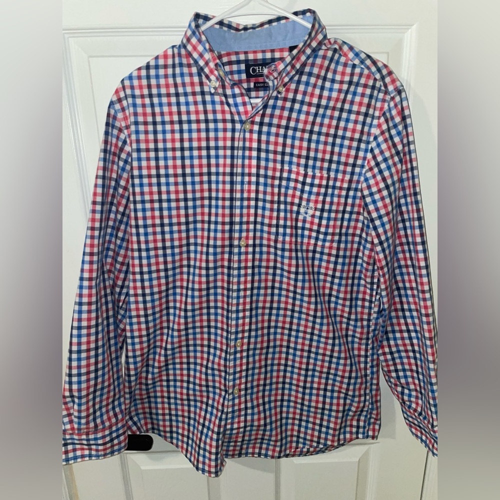 Chaps Men's Red and Blue Plaid Button Down Shirt-size S